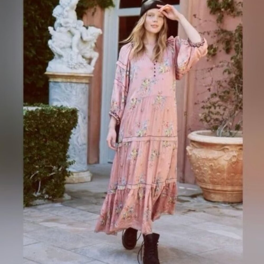 THE GREAT. The Satchet Dress Maxi Pink Floral Long Sleeve Women's Size 2 Medium